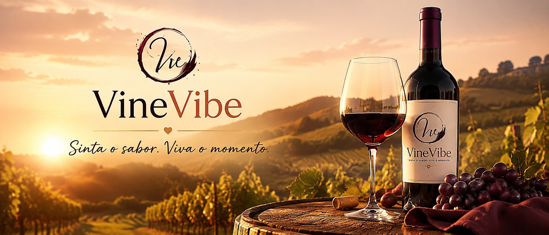 VineVibe — garrafa e taça de vinho sobre um barril, ao pôr do sol num vinhedo
